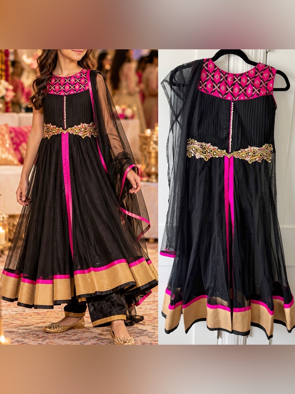 Indian Pakistani Formal Black Pink Gold Anarkali 4 Pc Outfit Girls Sz L